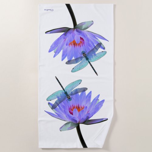 Dragonflies on Water Lilies Beach Towel