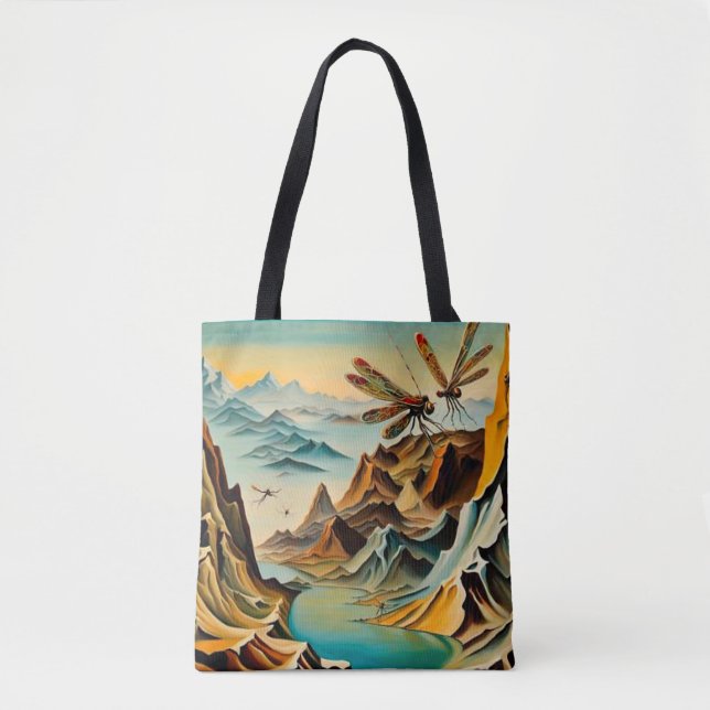 Dragonflies over prehistoric landscape tote bag (Front)