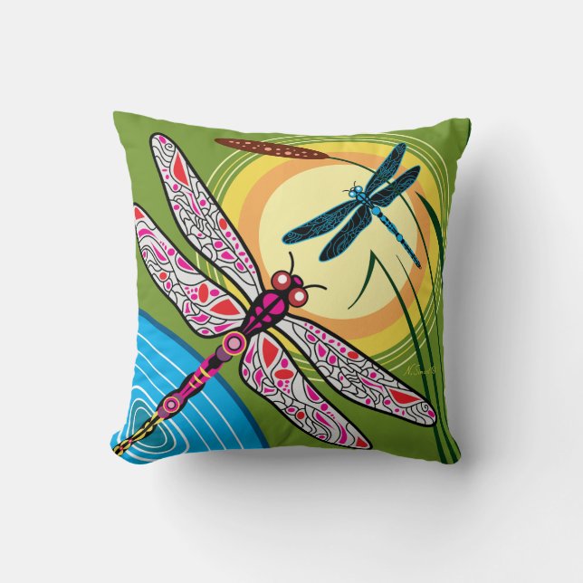 Dragonflies Over Water Throw Pillow (Front)
