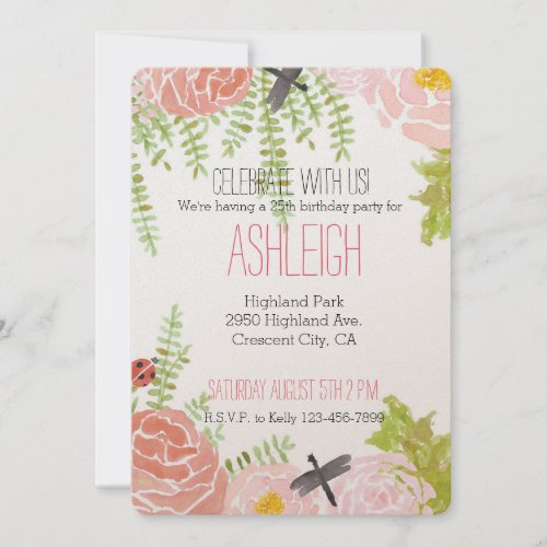 Dragonflies Roses Watercolor Garden birthday Invitation