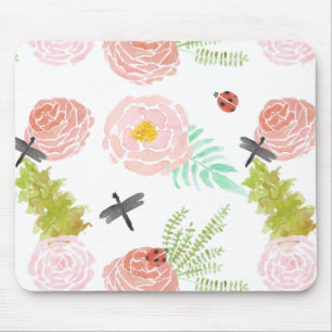 Dragonflies Roses Watercolor Garden Mouse Pad
