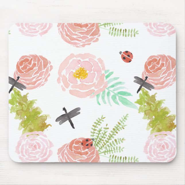Dragonflies Roses Watercolor Garden Mouse Pad (Front)