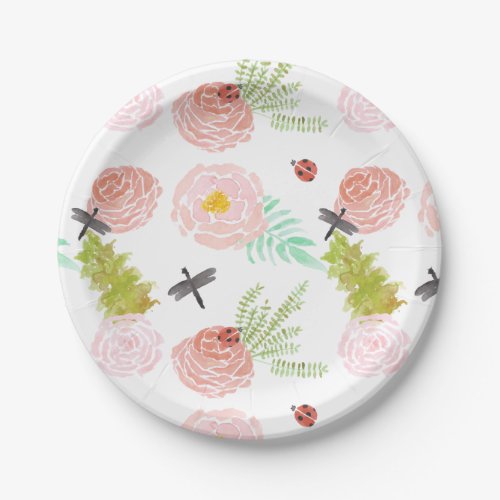 Dragonflies Roses Watercolor Garden Paper Plates