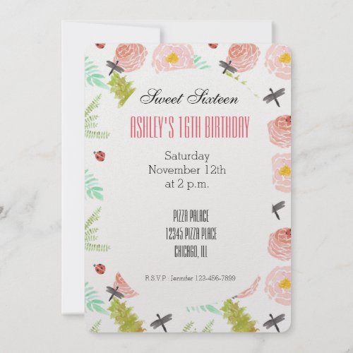 Dragonflies Roses Watercolor Garden Sweet 16 Invitation