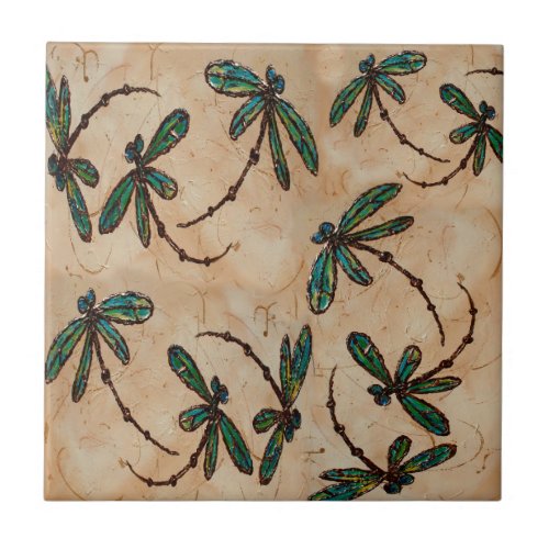 Dragonflies Rustic Cream Ceramic Tile