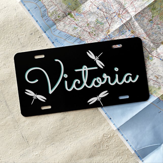 Dragonflies Script Name Teal Black License Plate (In Situ)