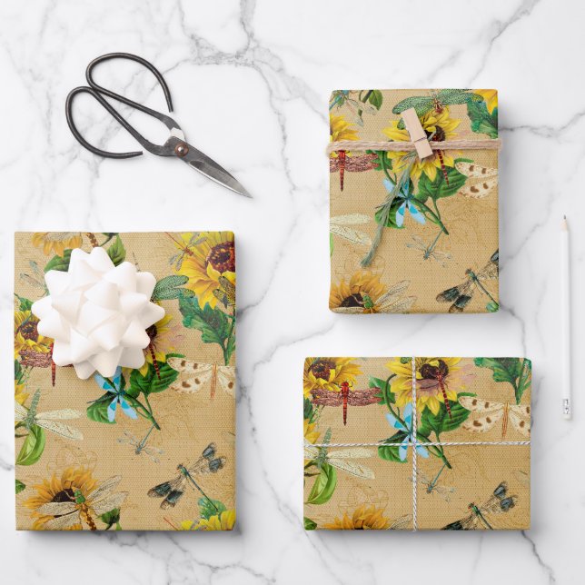 Dragonflies Sunflowers Birthday Baby Shower Wrapping Paper Sheets (Front)