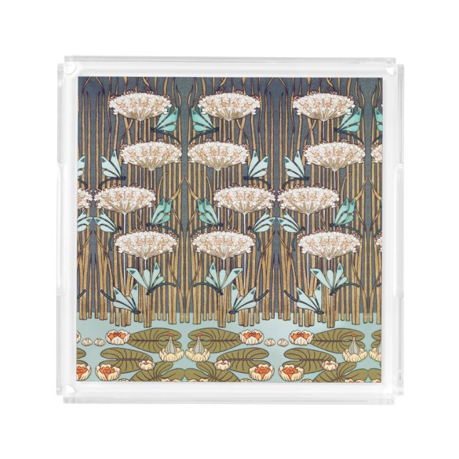 Dragonflies Water Lilies Marsh Art Nouveau Acrylic Tray (Front)