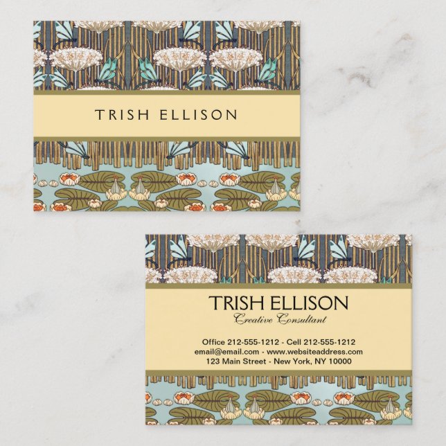 Dragonflies Water Lilies Marsh Art Nouveau Business Card (Front/Back)