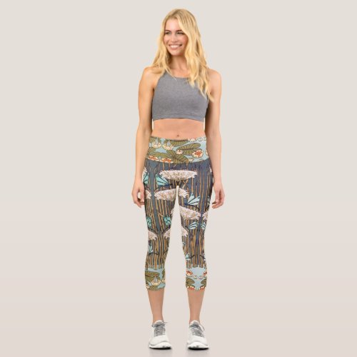 Dragonflies Water Lilies Marsh Art Nouveau Capri Leggings