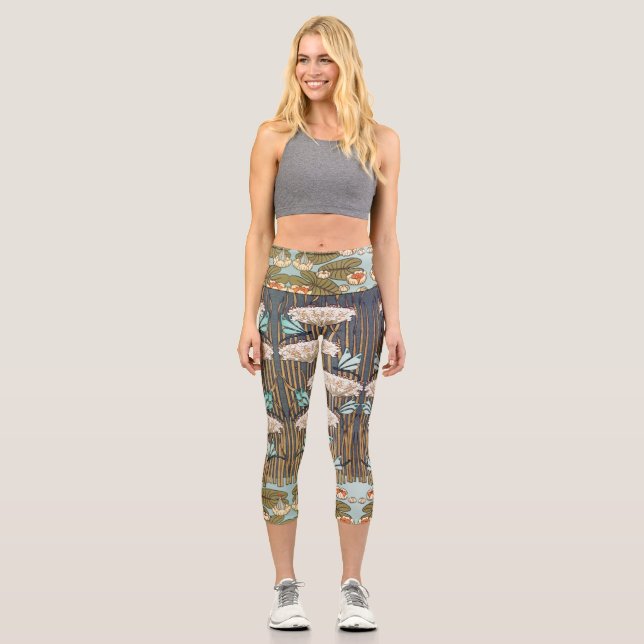 Dragonflies Water Lilies Marsh Art Nouveau Capri Leggings (Front)