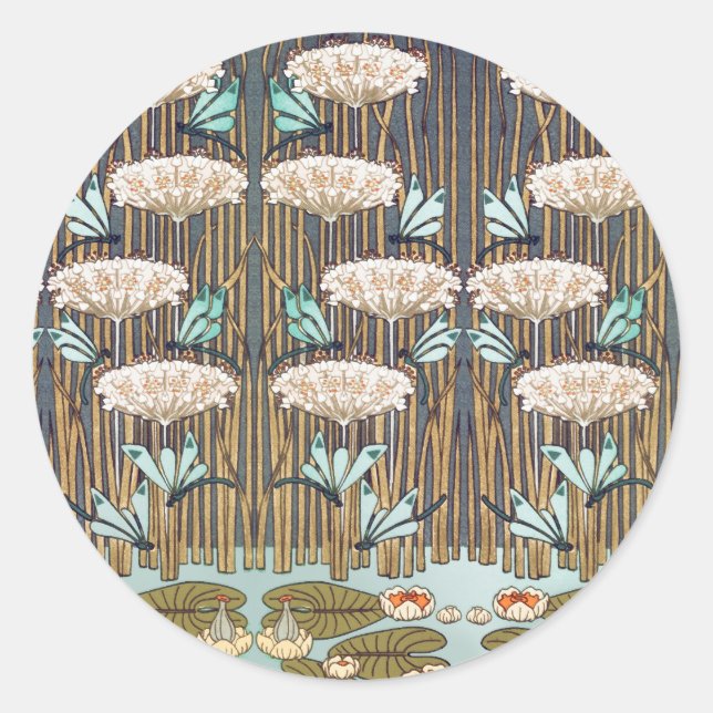 Dragonflies Water Lilies Marsh Art Nouveau Classic Round Sticker (Front)