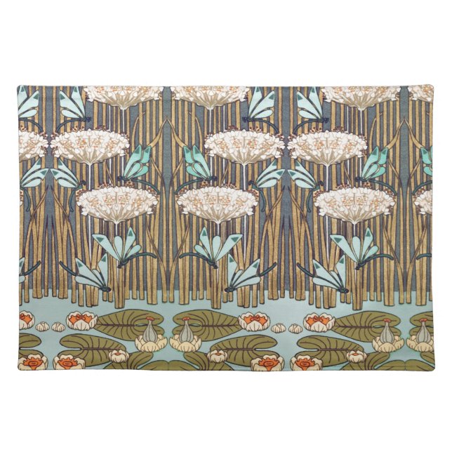 Dragonflies Water Lilies Marsh Art Nouveau Cloth Placemat (Front)