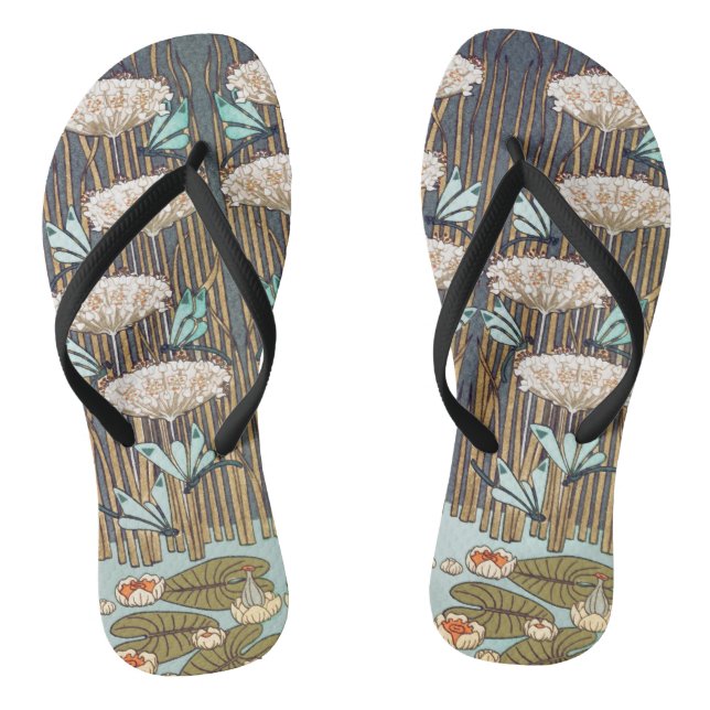 Dragonflies Water Lilies Marsh Art Nouveau Flip Flops (Footbed)
