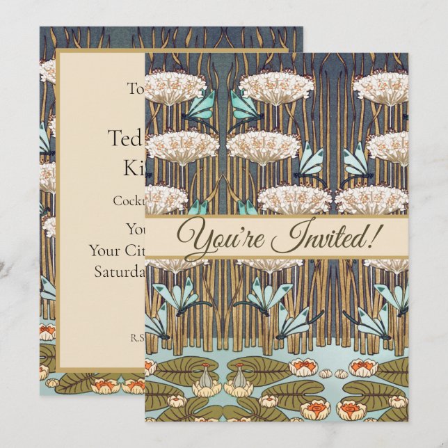 Dragonflies Water Lilies Marsh Art Nouveau Invitation (Front/Back)