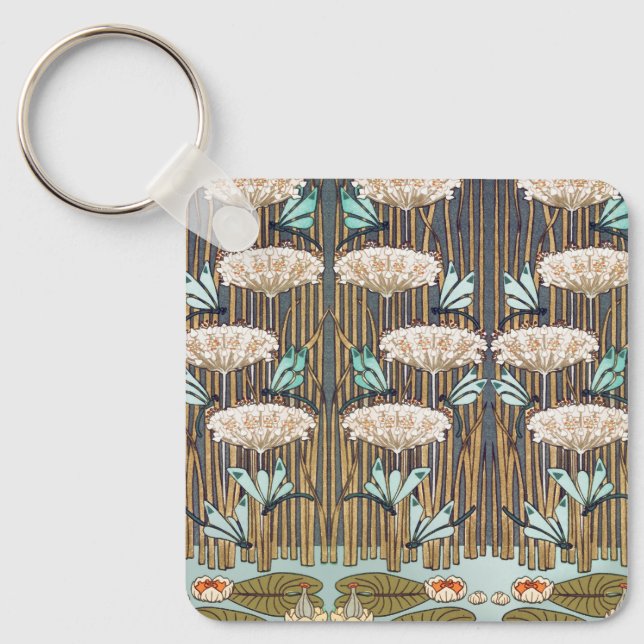 Dragonflies Water Lilies Marsh Art Nouveau Keychain (Front)