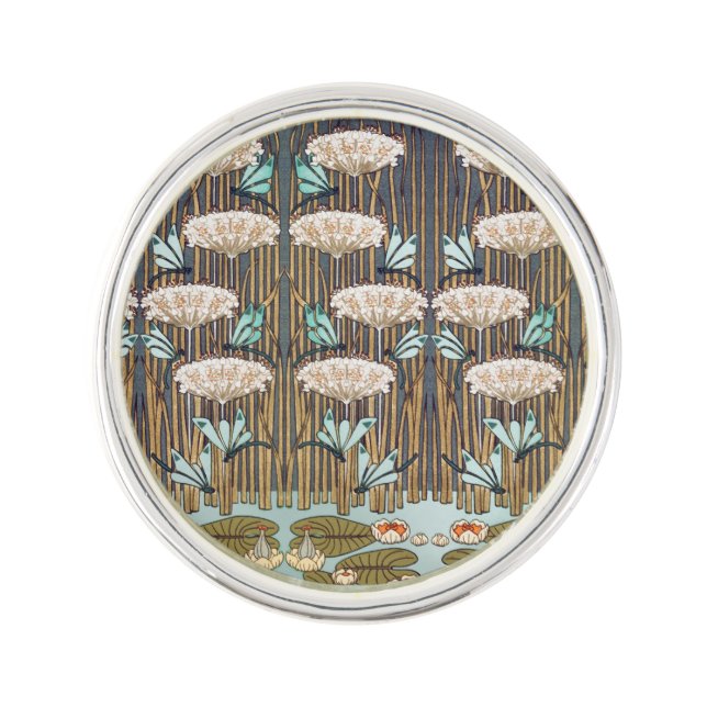 Dragonflies Water Lilies Marsh Art Nouveau Lapel Pin (Front)