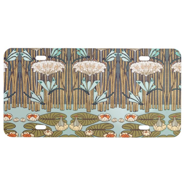 Dragonflies Water Lilies Marsh Art Nouveau License Plate (Front)