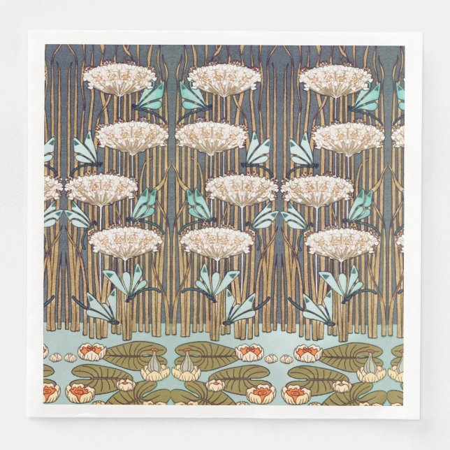 Dragonflies Water Lilies Marsh Art Nouveau Paper Dinner Napkins (Front)