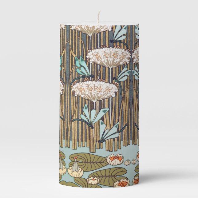 Dragonflies Water Lilies Marsh Art Nouveau Pillar Candle (Front)