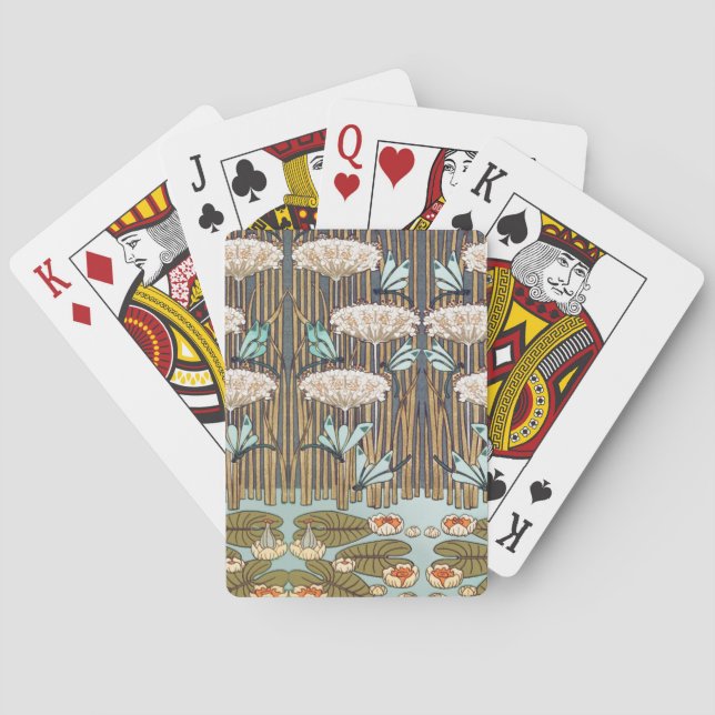 Dragonflies Water Lilies Marsh Art Nouveau Poker Cards (Back)