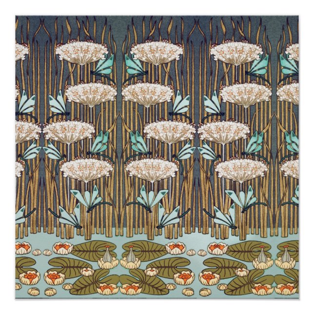 Dragonflies Water Lilies Marsh Art Nouveau Poster (Front)