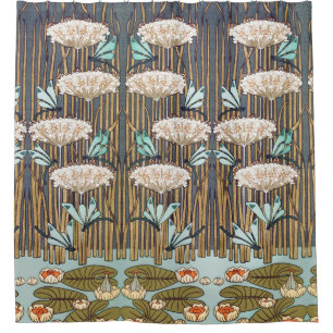 Dragonflies Water Lilies Marsh Art Nouveau Shower Curtain