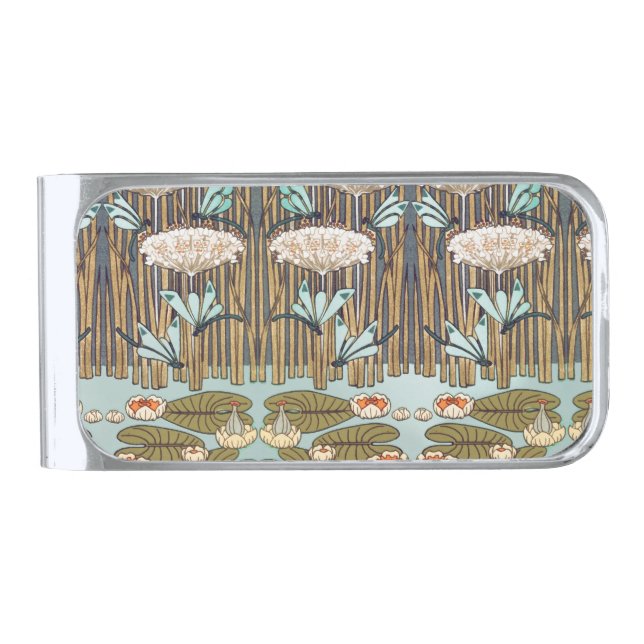 Dragonflies Water Lilies Marsh Art Nouveau Silver Finish Money Clip (Front)