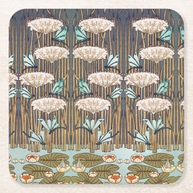 Dragonflies Water Lilies Marsh Art Nouveau Square Paper Coaster (Front)