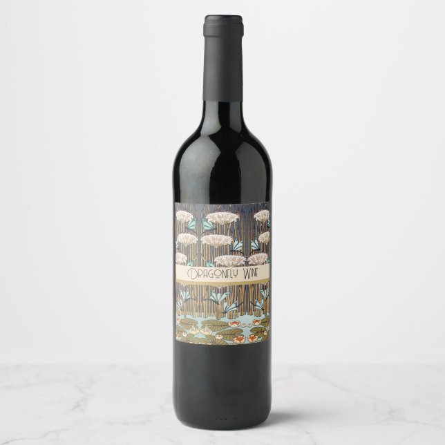 Dragonflies Water Lilies Marsh Art Nouveau Wine Label (Front)