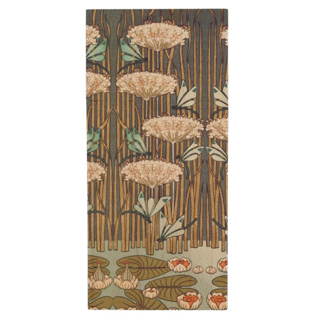 Dragonflies Water Lilies Marsh Art Nouveau Wood Flash Drive (Front Vertical)