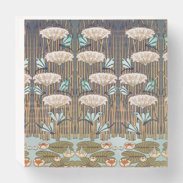 Dragonflies Water Lilies Marsh Art Nouveau Wooden Box Sign (Front Horizontal)