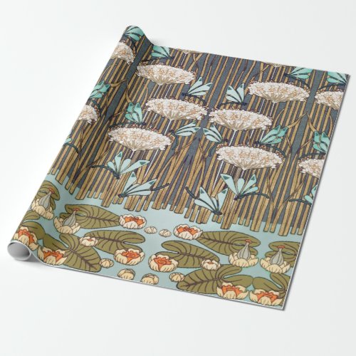 Dragonflies Water Lilies Marsh Art Nouveau Wrapping Paper