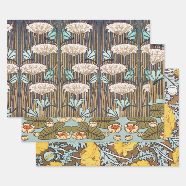 Dragonflies Water Lilies Marsh Art Nouveau Wrapping Paper Sheets (Set)