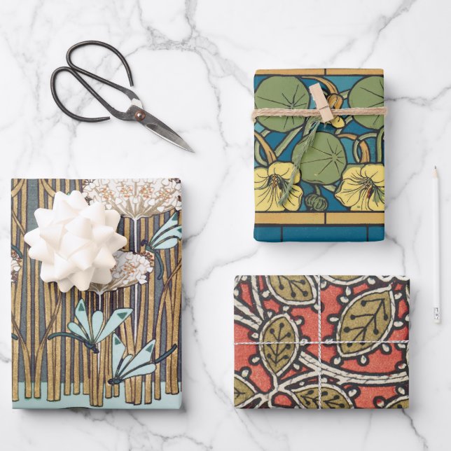 Dragonflies Water Lilies Marsh Art Nouveau Wrapping Paper Sheets (Front)