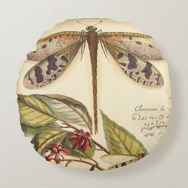 Dragonflies with Leaves and Fruit Round Pillow (Front)