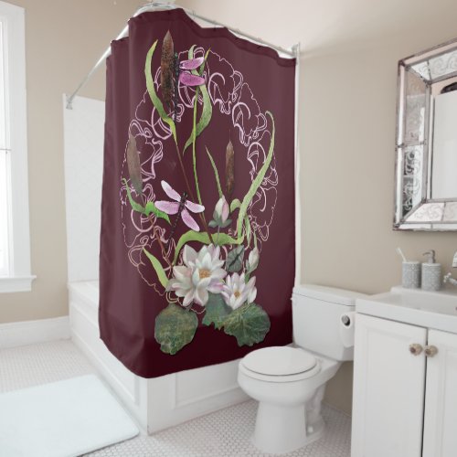 Dragonflies with Waterlilies and Cattails Burgundy Shower Curtain