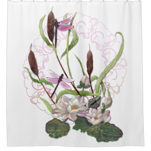 Dragonflies with Waterlilies and Cattails White Shower Curtain