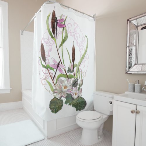 Dragonflies with Waterlilies and Cattails White Shower Curtain