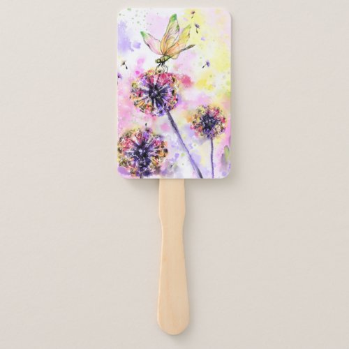 Dragonfly and Dandelions _ Watercolor Painting Hand Fan