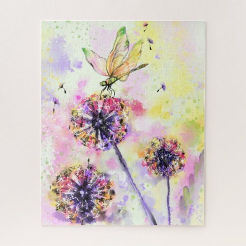 Dragonfly and Dandelions _ Watercolor Painting  Jigsaw Puzzle