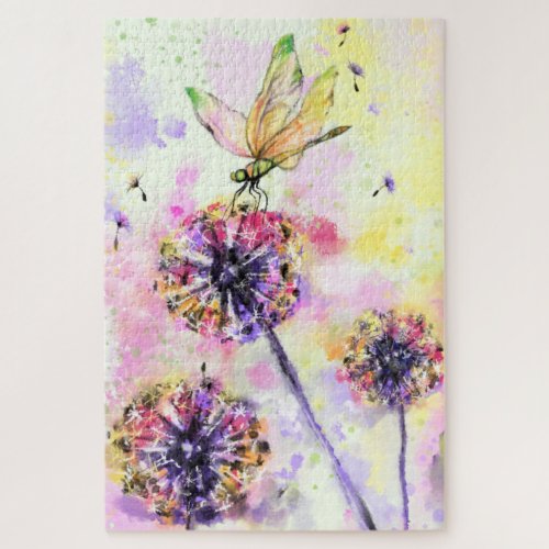 Dragonfly and Dandelions _ Watercolor Painting  Jigsaw Puzzle