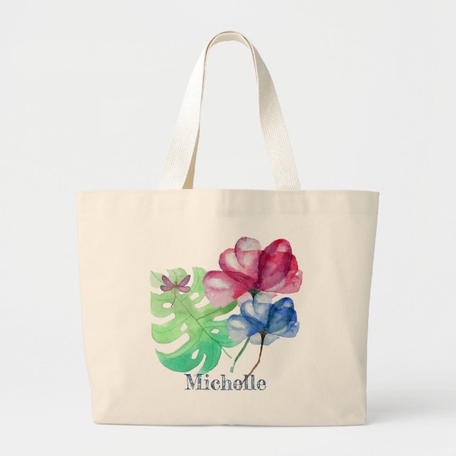 Dragonfly And Floral Watercolor Wash Large Tote Bag (Front)