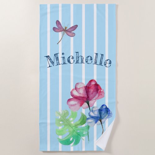 Dragonfly And Floral Watercolor Wash With Stripes Beach Towel