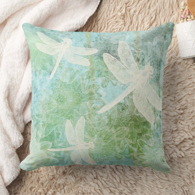 Dragonfly And Flower Cream Blue Green Pattern Throw Pillow (Blanket)