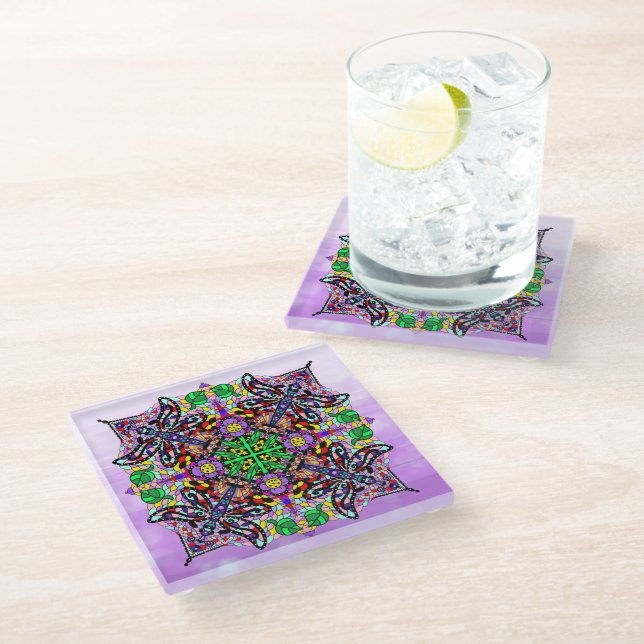 Dragonfly and Flower Themed Purple Colorful  Glass Coaster (Angled)