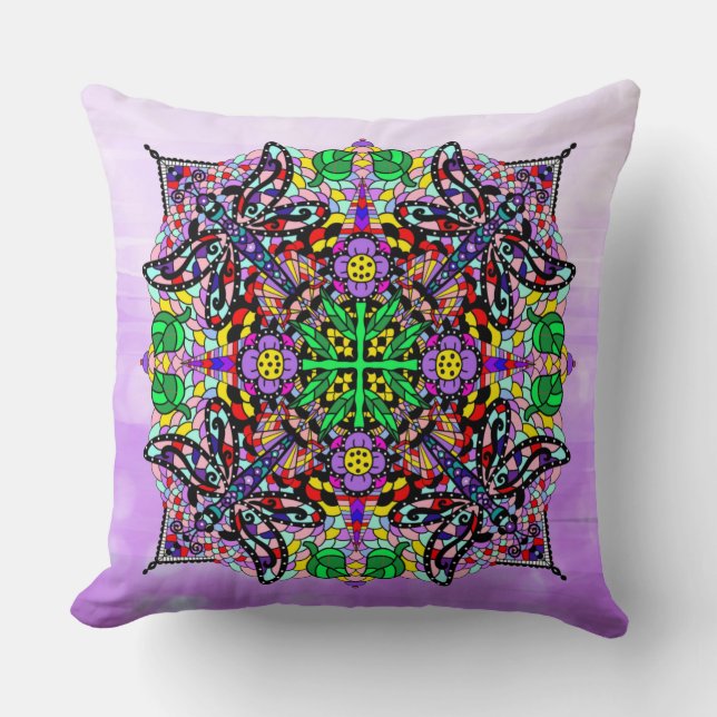 Dragonfly and Flower Themed Purple Colorful Throw Pillow (Front)