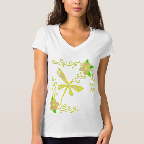 Dragonfly and Flowers Abstract Art to Wear T_Shirt