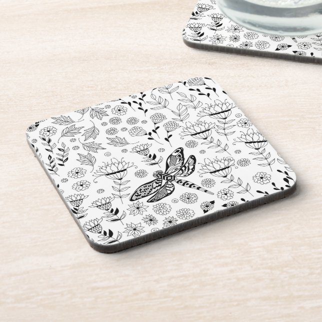 Dragonfly and flowers beverage coaster (Left Side)