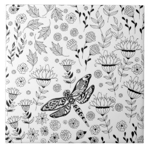 Dragonfly and flowers ceramic tile